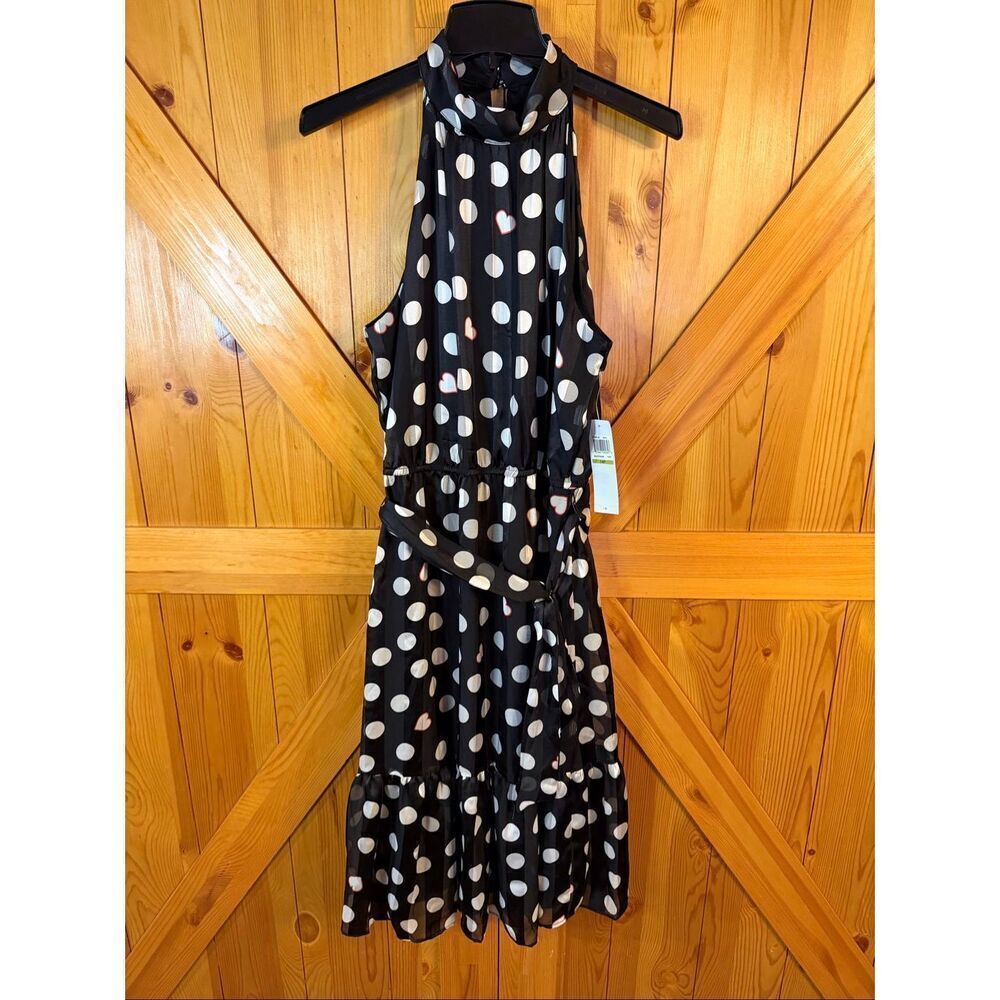 London Style Petite Sleeveless Black Dots Midi Fit + Flare Dress NWT Size14P (64